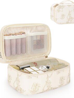 Travel Makeup Bag, Small Floral Cosmetic Bag with Makeup Brush Compartment, Port